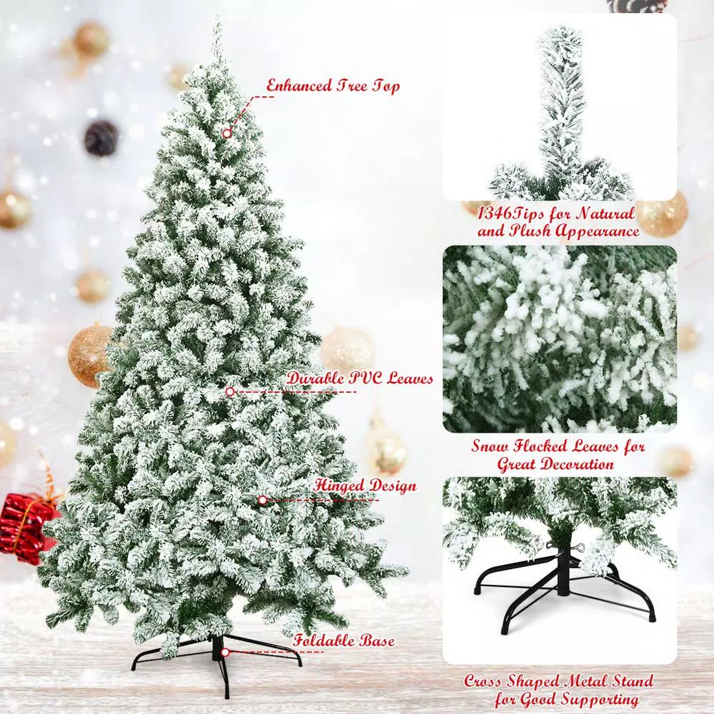 Costway 7.5 ft. Snow Flocked Hinged Pine Artificial Christmas Tree, 1346 Tips, Unlit