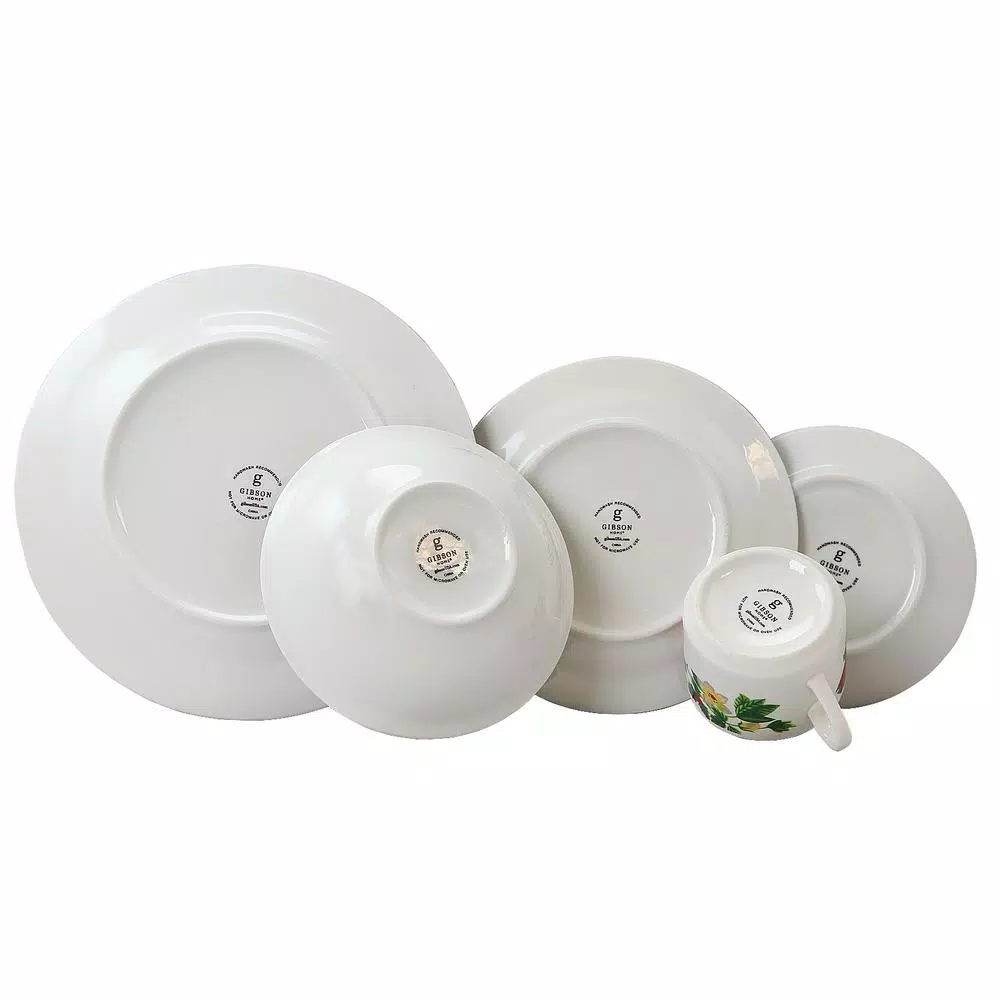 Gibson Home Poinsetta Holiday 20-Piece Ceramic Dinnerware Set, Service for 4, White/Glossy