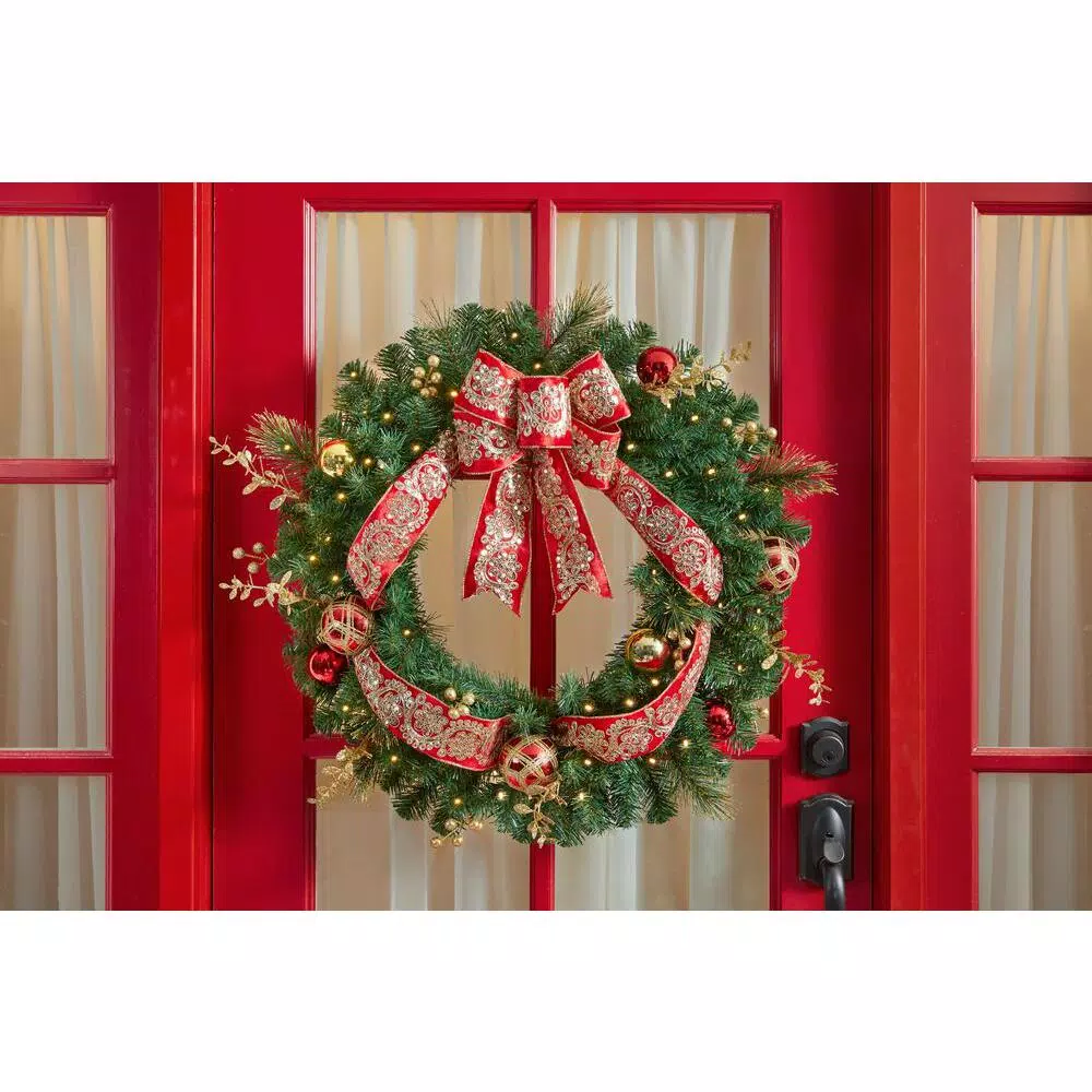 Home Accents Holiday Home Holiday Accents 30 in. Royal Easton Pre-Lit Artificial Pine Wreath with Warm White LED Lights
