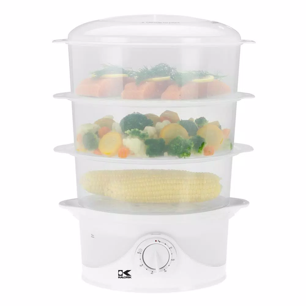 KALORIK 9.5 Qt. White Electric Food Steamer and Rice Cooker with 3-Tier Transparent Baskets and Built-In Timer