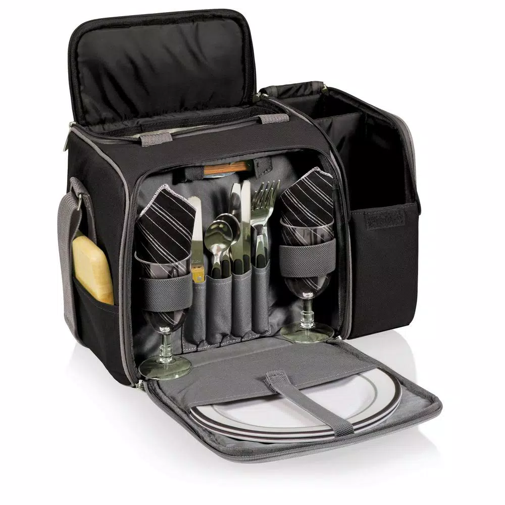 Picnic Time Malibu Black Wood Picnic Cooler Tote - Insulated Picnic Set for Two