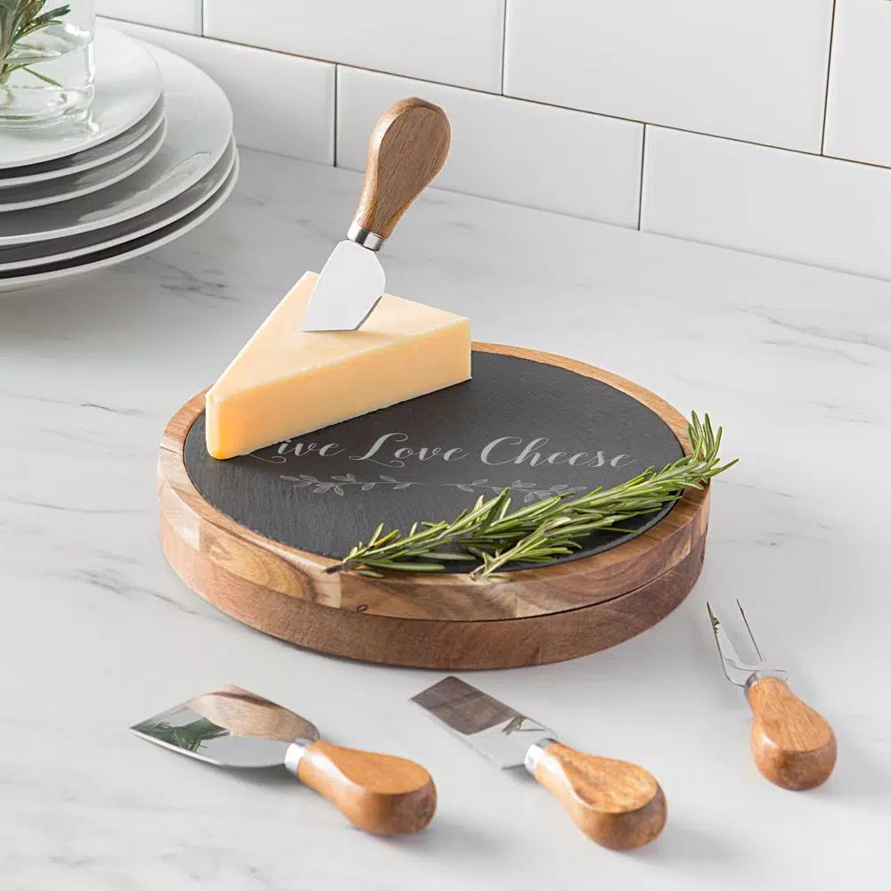 Cathy's Concepts Live Love Cheese 5-Piece Acacia Wood and Natural Slate Cheese Board Set with Utensils