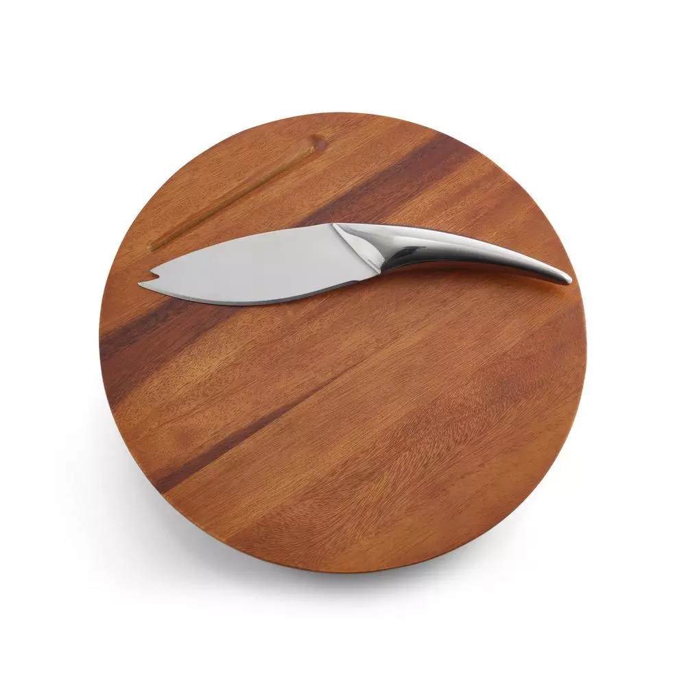 Nambe Harmony Acacia Wood Round Cheese Board with Knife Set