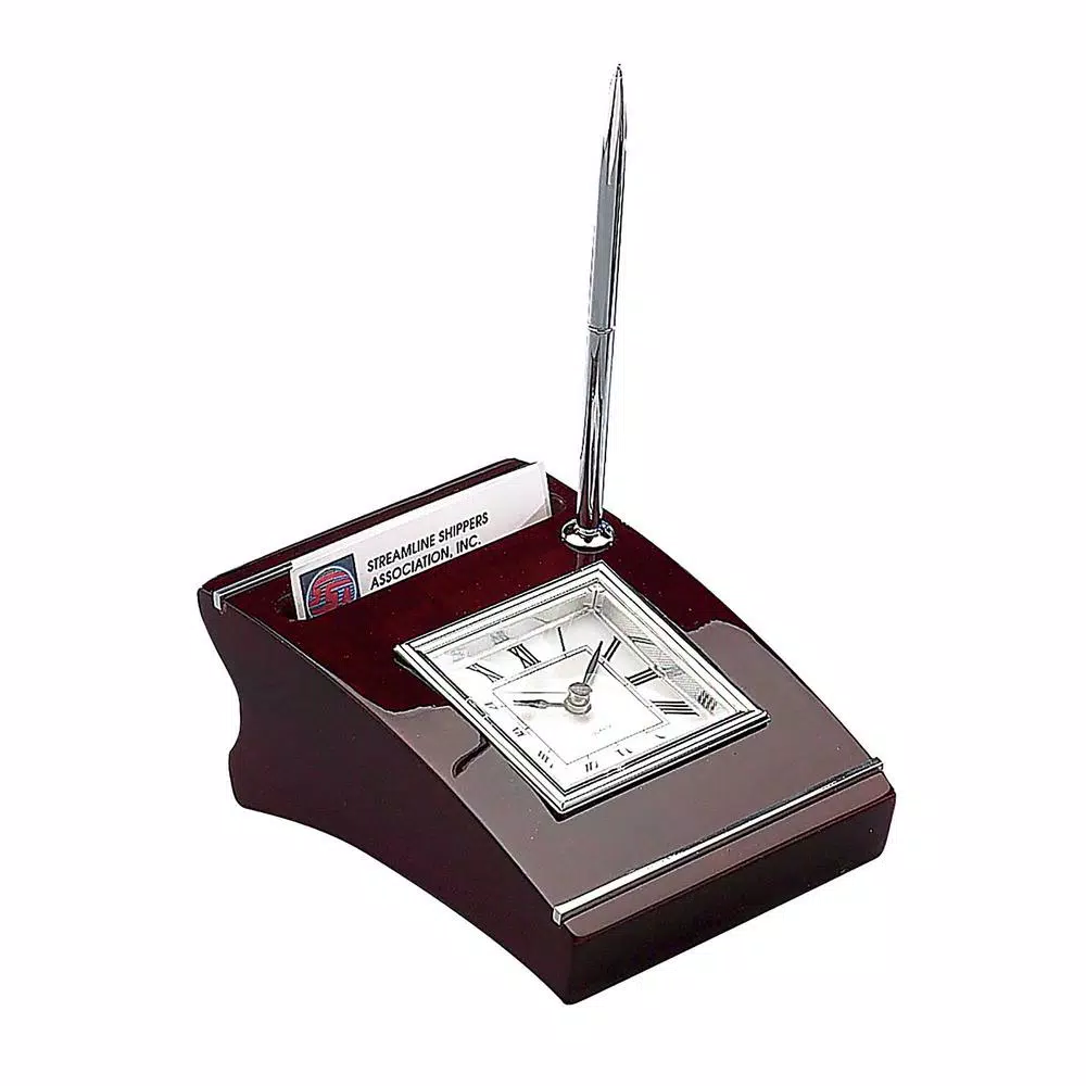 Heim Concept Silver Wood Clock with Cardholder and Pen - Executive Desk Accessory