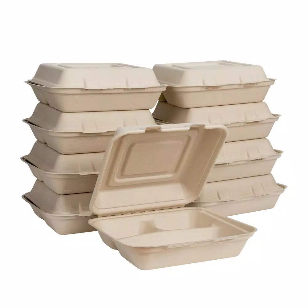 Unbranded 10 in. Natural Sugarcane 3-Compartment Clamshell Containers, 300 Pack