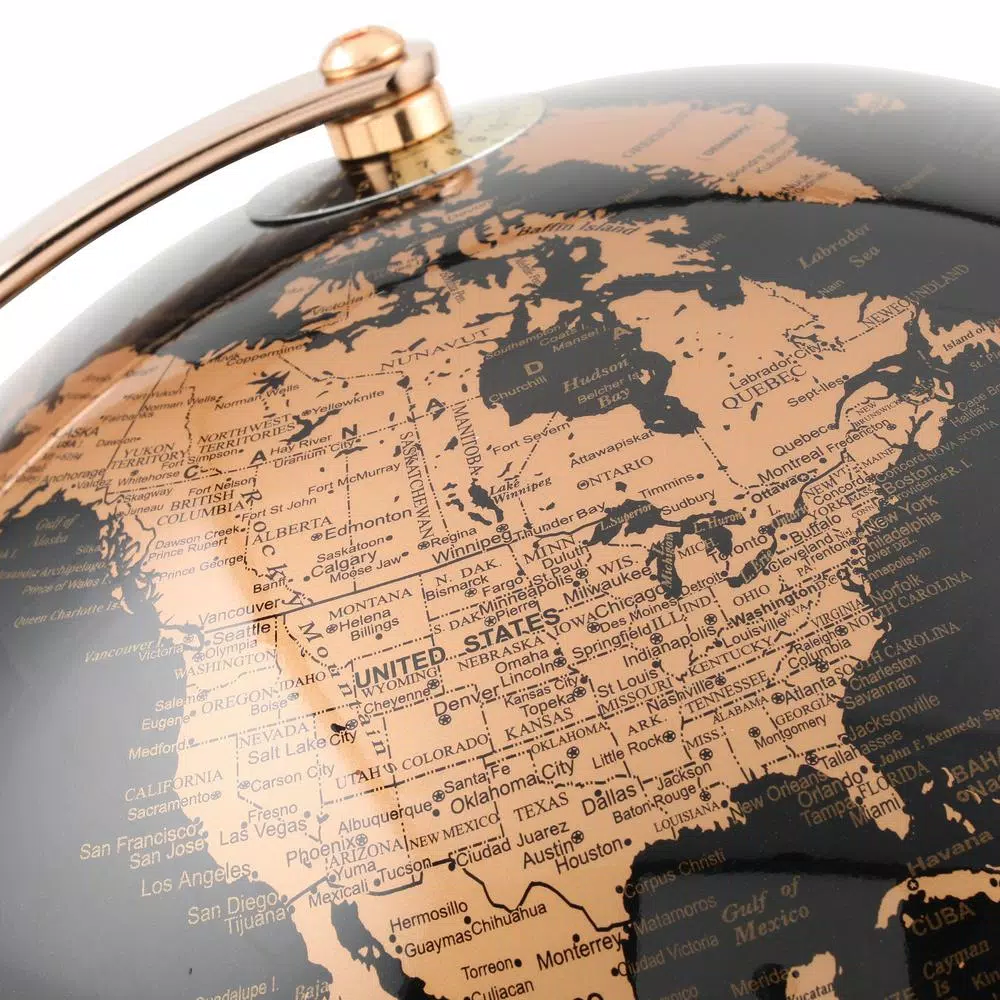 Unbranded 12.5 in. Black and Gold Topographical LED Globe with Rose Gold Metal Frame