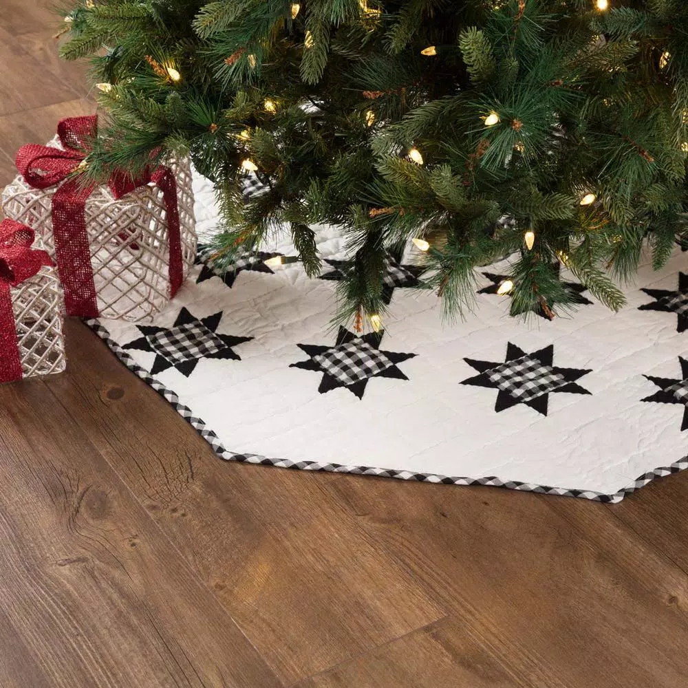 VHC Brands Emmie 48 in. Black and White Patchwork Christmas Tree Skirt, Hand-Quilted Cotton