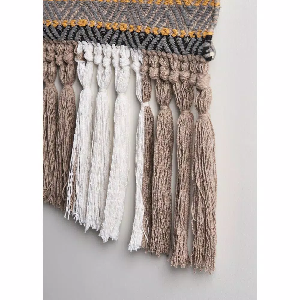 LR Home Trellis Neutral Black and Gray Geometric Fringe Wall Tapestry - Hand-Loomed Cotton Wall Hanging