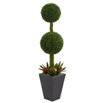 Nearly Natural 5 ft. Artificial Double Boxwood Ball Topiary Tree with Pink Bromeliads in Slate Planter thumbnail 1
