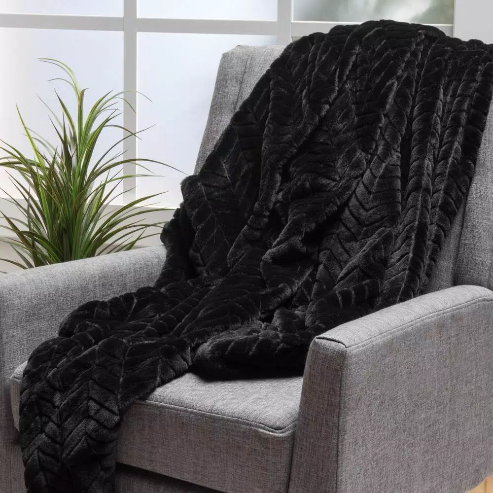 Noble House Toscana Black Faux Fur Throw Blanket, Modern Solid Pattern, 50 x 60 in.