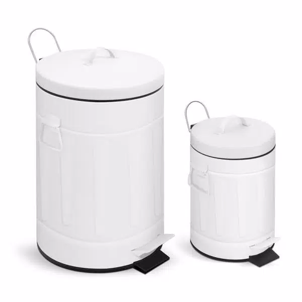 Innovaze New York Style Round White Metal Step-On Trash Can Set, 12L and 3L Capacity