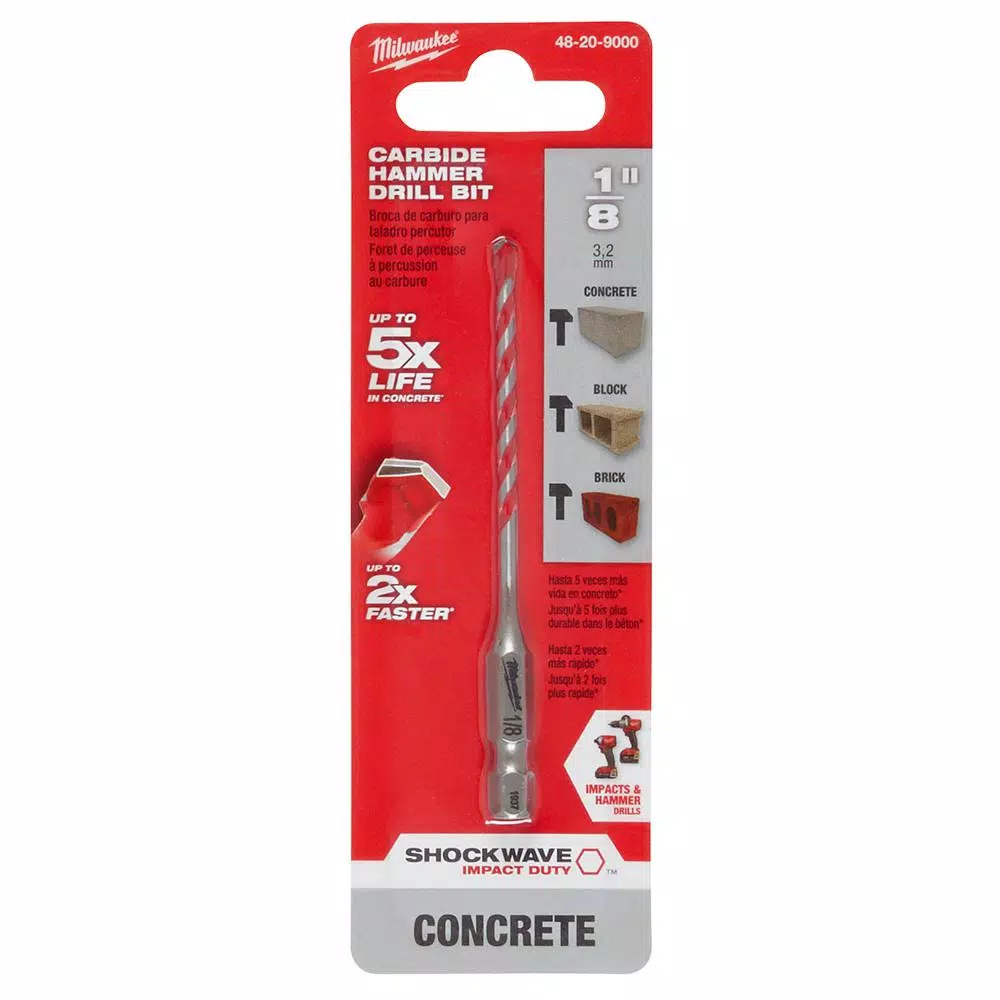 Milwaukee SHOCKWAVE 1/8 in. Carbide Hammer Drill Bit, 1/4 in. Hex Shank