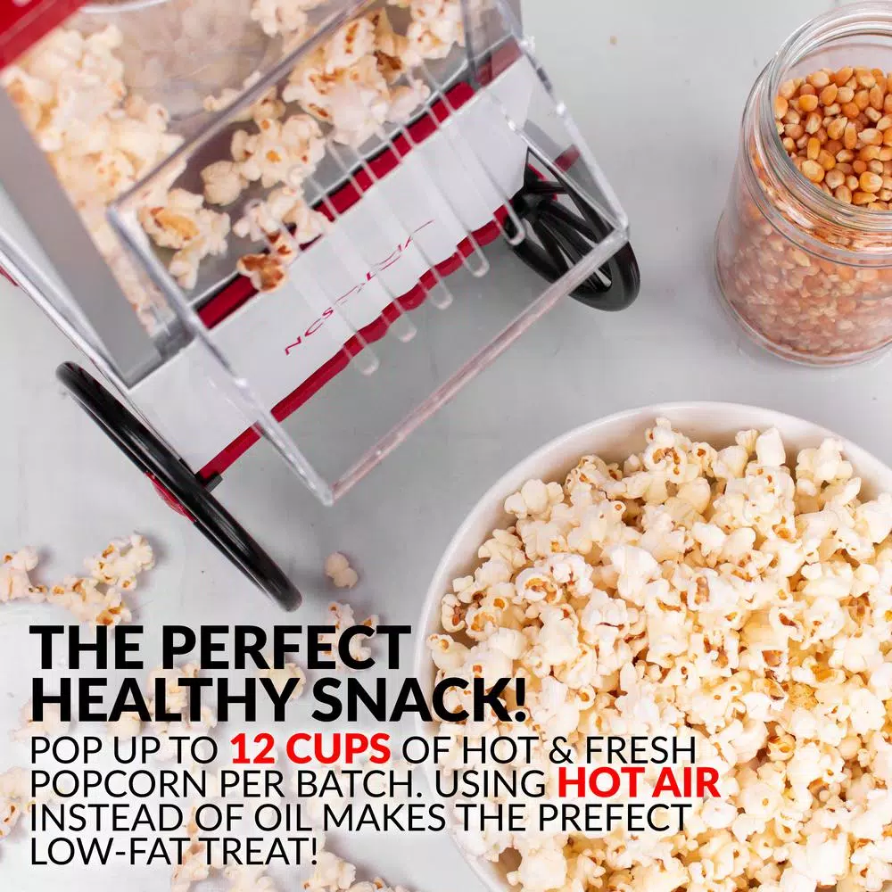 Nostalgia Old Fashioned 1040W Red Hot Air Popcorn Maker with Measuring Cup, 12-Cup Capacity