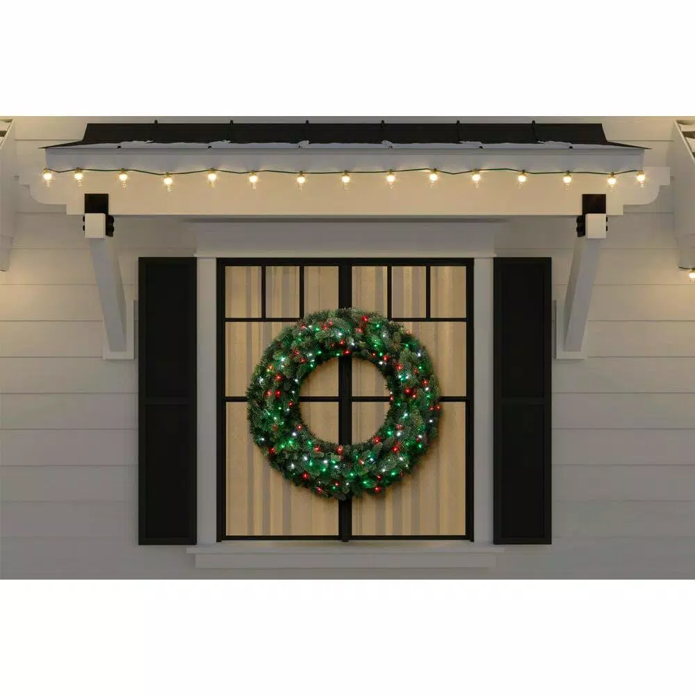 Home Accents Holiday 36 in. Artificial Royal Grand Spruce Pre-lit LED Christmas Wreath - Red, Green, and Cool White Lights