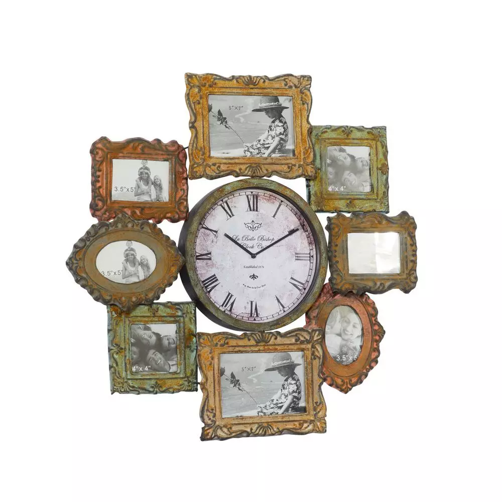 LITTON LANE 25 in. Metal Victorian Photo Frame Montage and Wall Clock with 8 Frames