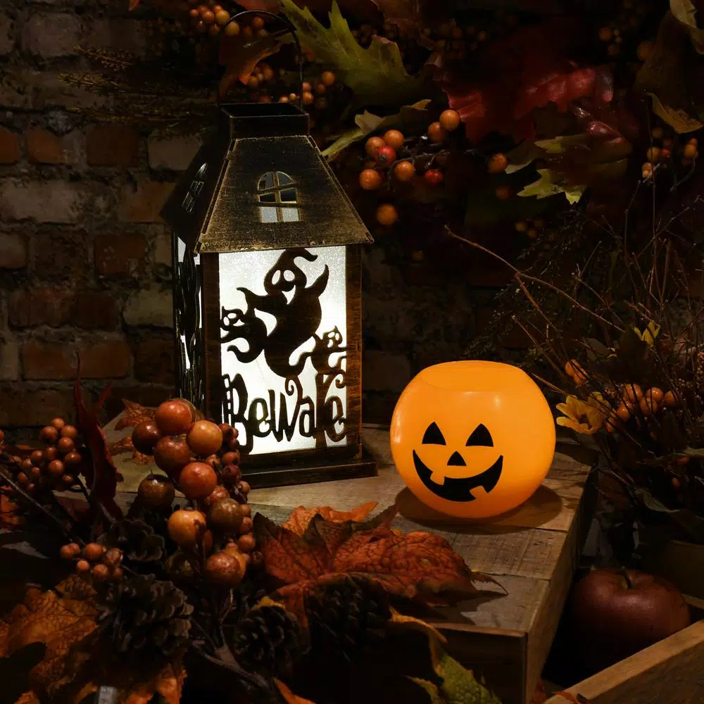 LUMABASE Golden Black Battery Operated Lighted Halloween Lantern with Fairy Lights