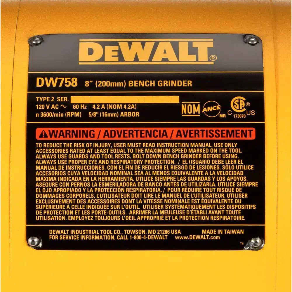 DEWALT 8 in. 205 mm Bench Grinder with 3/4 HP Induction Motor