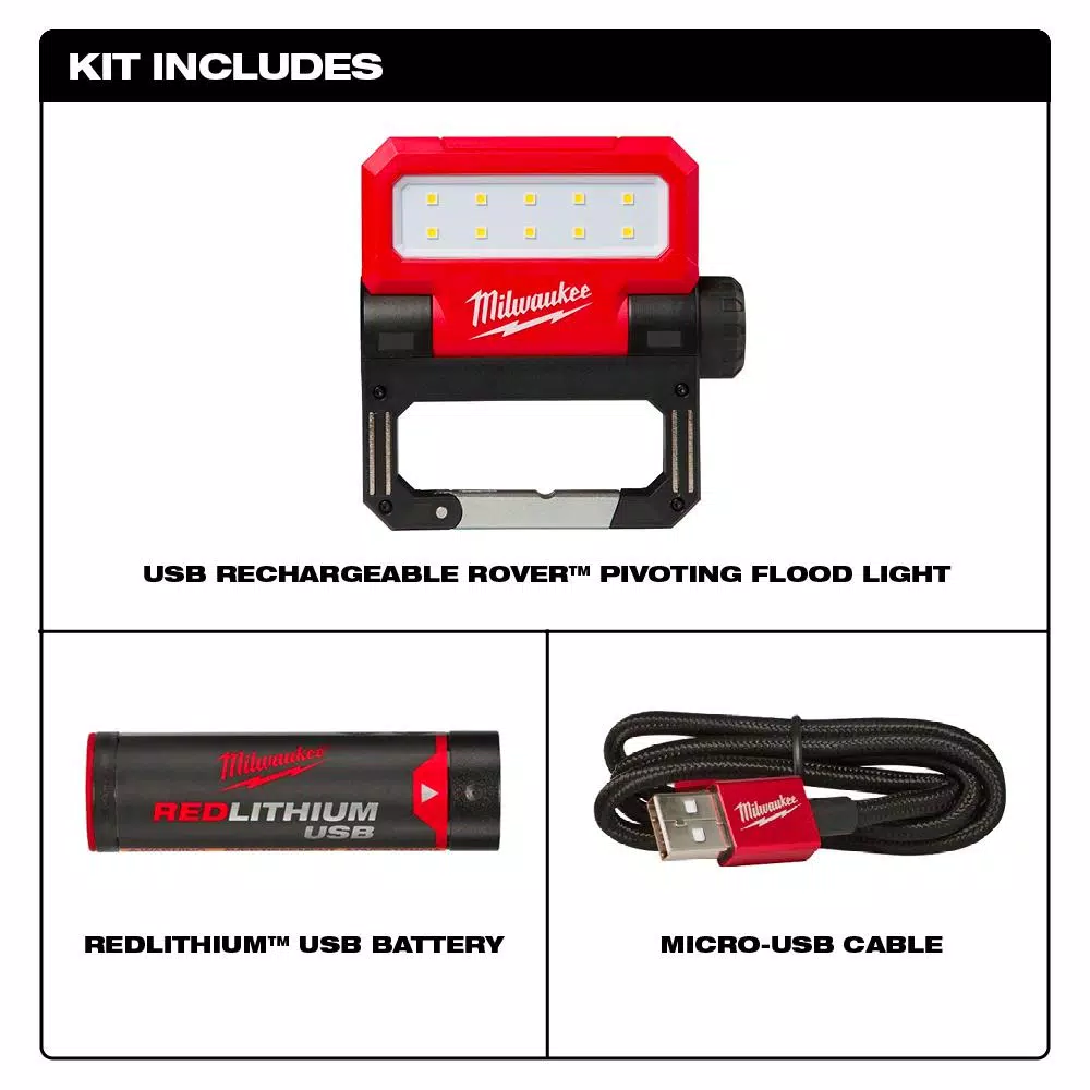 Milwaukee USB Rechargeable ROVER Pivoting LED Flood Light, 550 Lumens