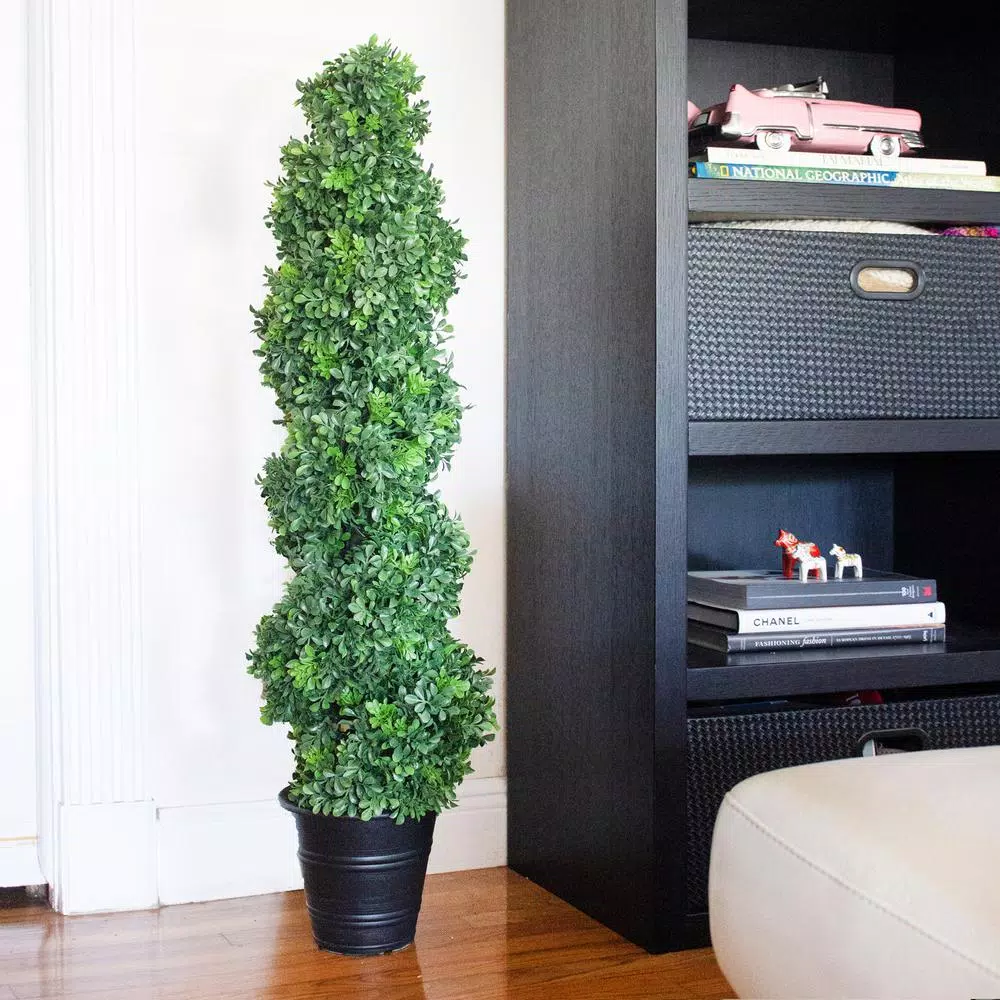 Nearly Natural 48 in. Boxwood Spiral Topiary with Gray Planter - Indoor/Outdoor Artificial Plant