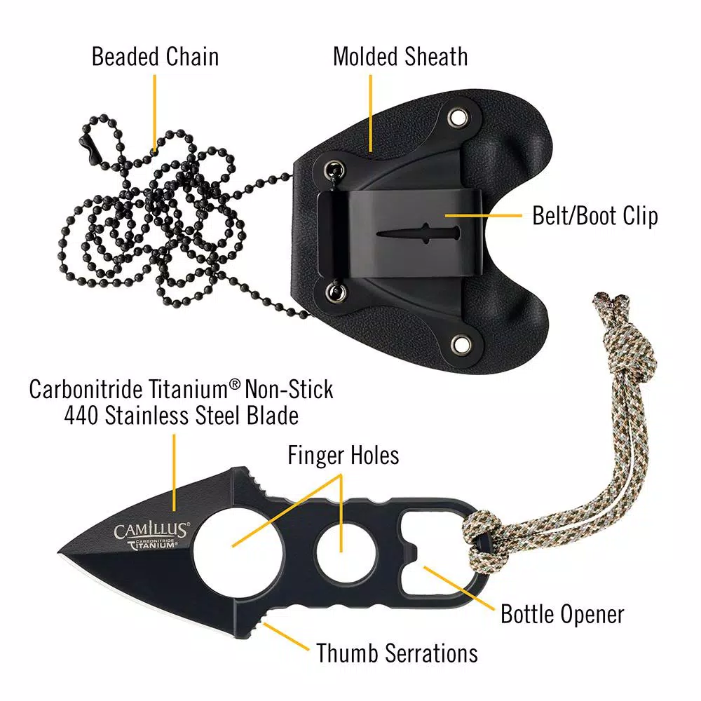 Camillus Heater Boot Neck Knife, 440 Stainless Steel Double Edge Dagger with Bottle Opener