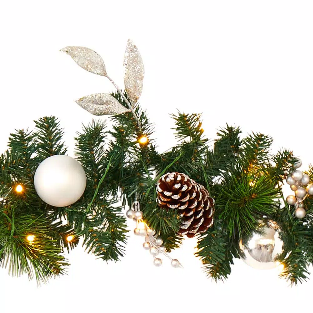 Nearly Natural 9 ft. Pre-lit Artificial Christmas Garland with Ornaments and Pinecones, 50 Clear LED Lights, Battery Operated