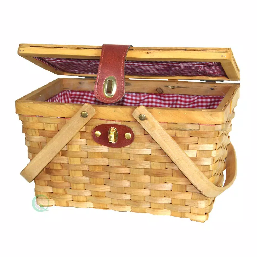 Vintiquewise Piccadilly Willow Picnic Basket with Red and White Gingham Lining and Folding Handles