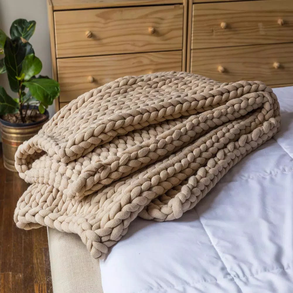 DONNA SHARP Taupe Chunky Knit Acrylic Throw Blanket, 40 x 50 in