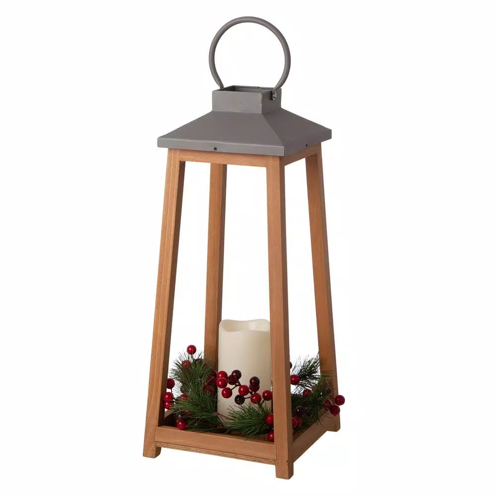 Glitzhome 19.29 in. Wooden and Metal LED Pillar Lantern with 3 Changeable Candle Rings