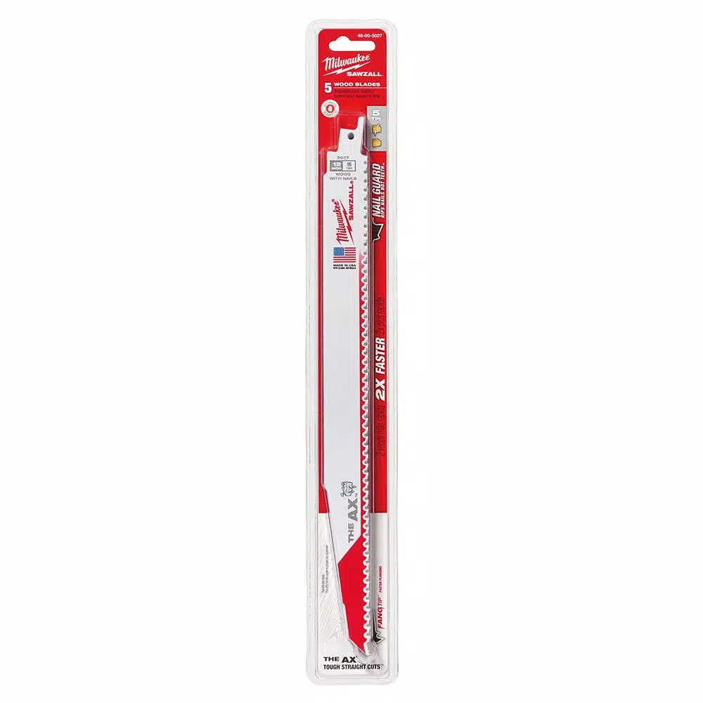 Milwaukee AX 12 in. 5 TPI Wood & Nail-Embedded Wood Reciprocating Saw Blades (5-Pack)