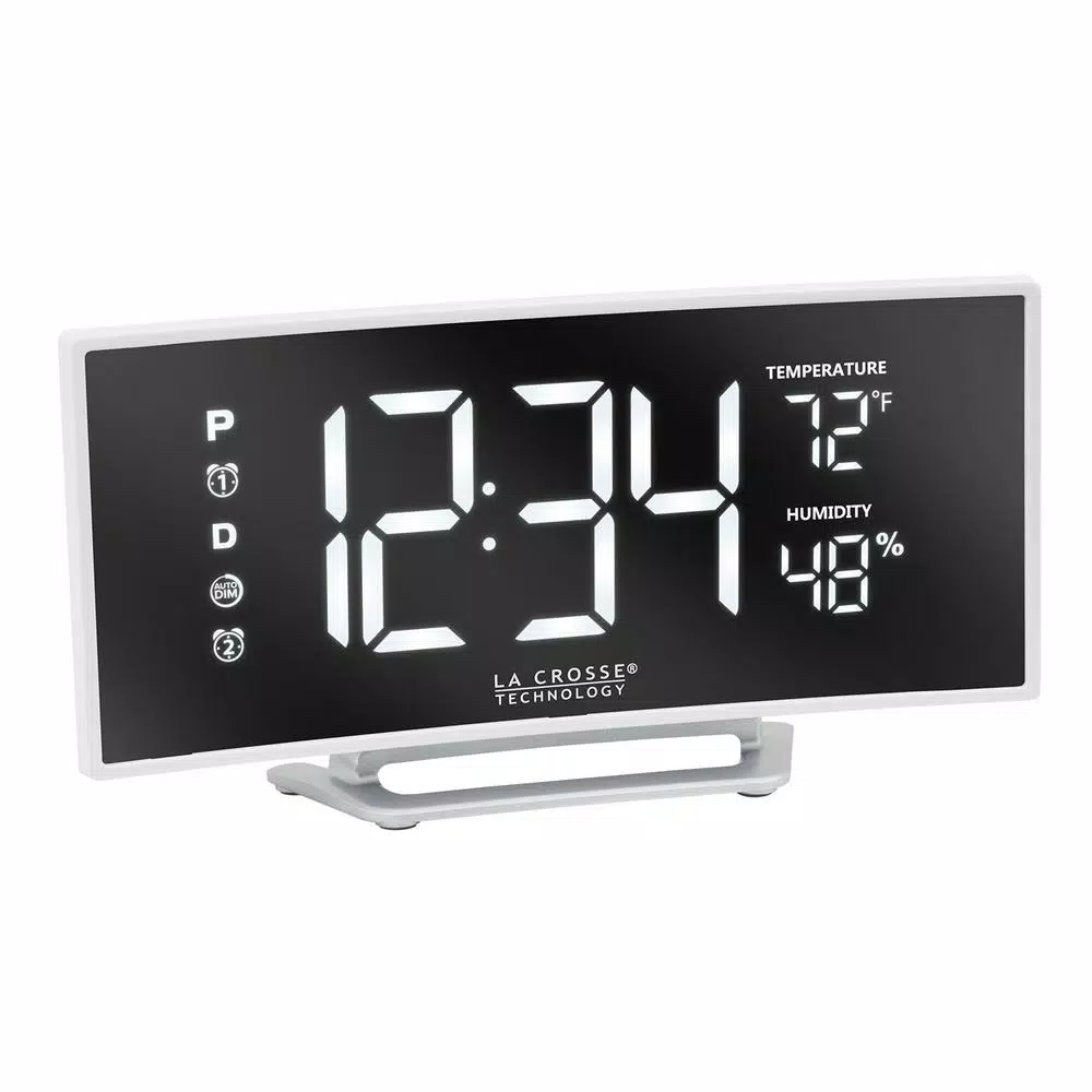 La Crosse Technology Curved Mirror LED Digital Alarm Clock with Temperature, Humidity, and USB Charging Port