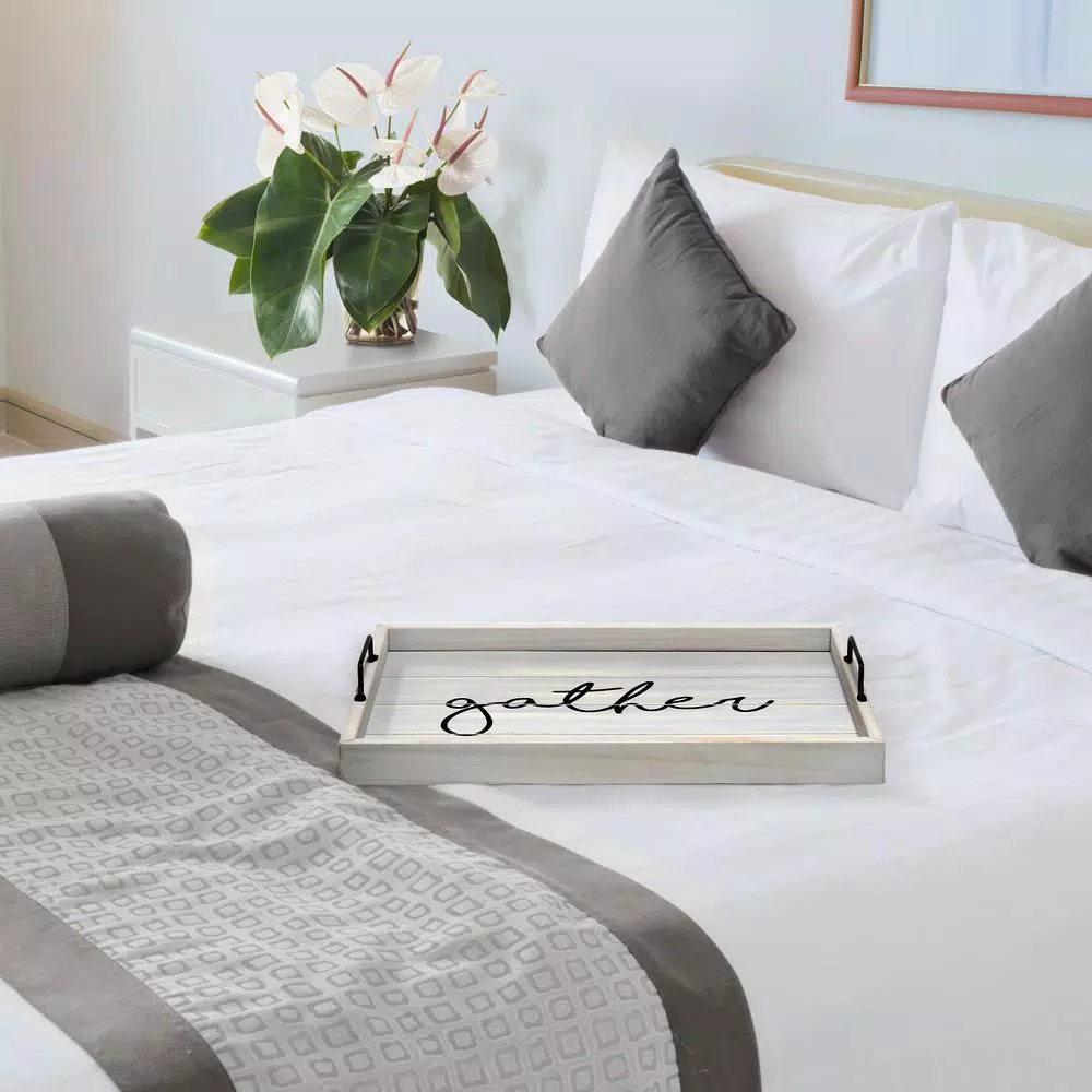 Elegant Designs Gather Gray Wash Decorative Wood Serving Tray with Black Metal Handles