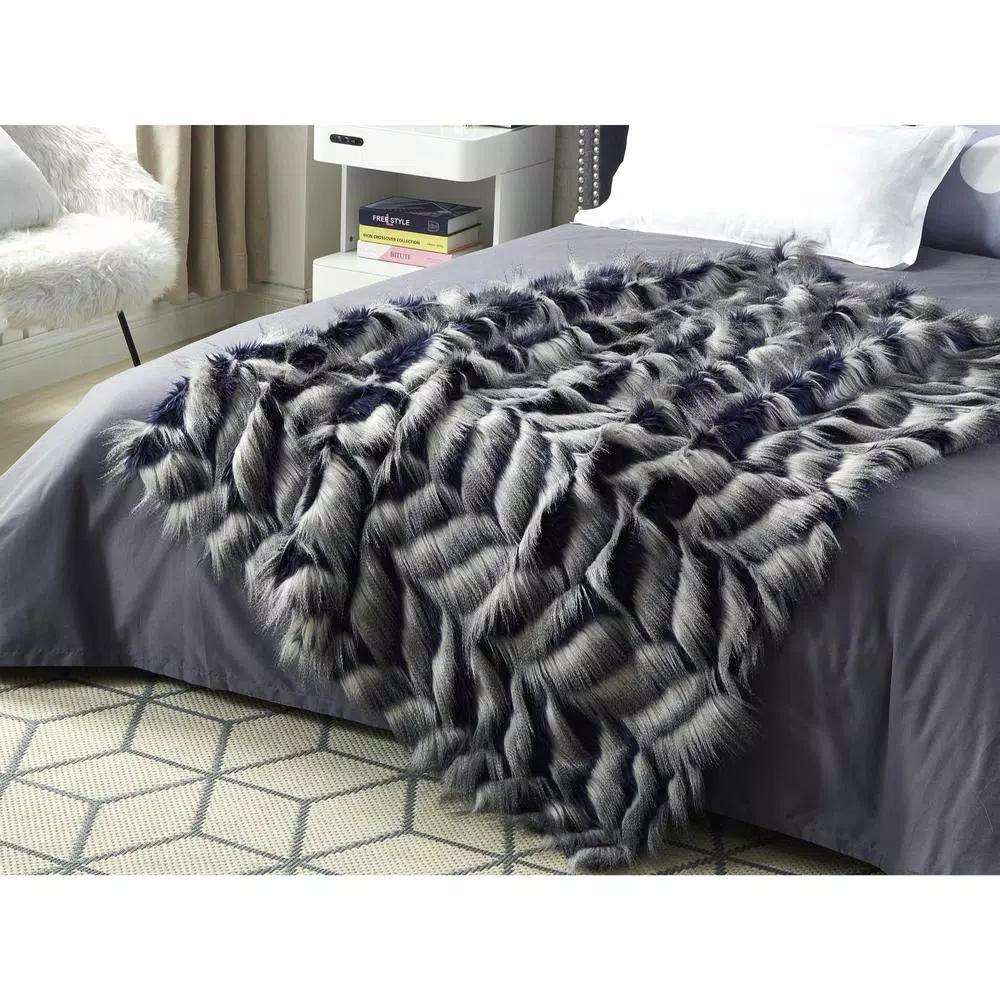 Unbranded Caron Navy Reversible Faux Fur and Micromink Throw Blanket, 50 in. x 60 in.