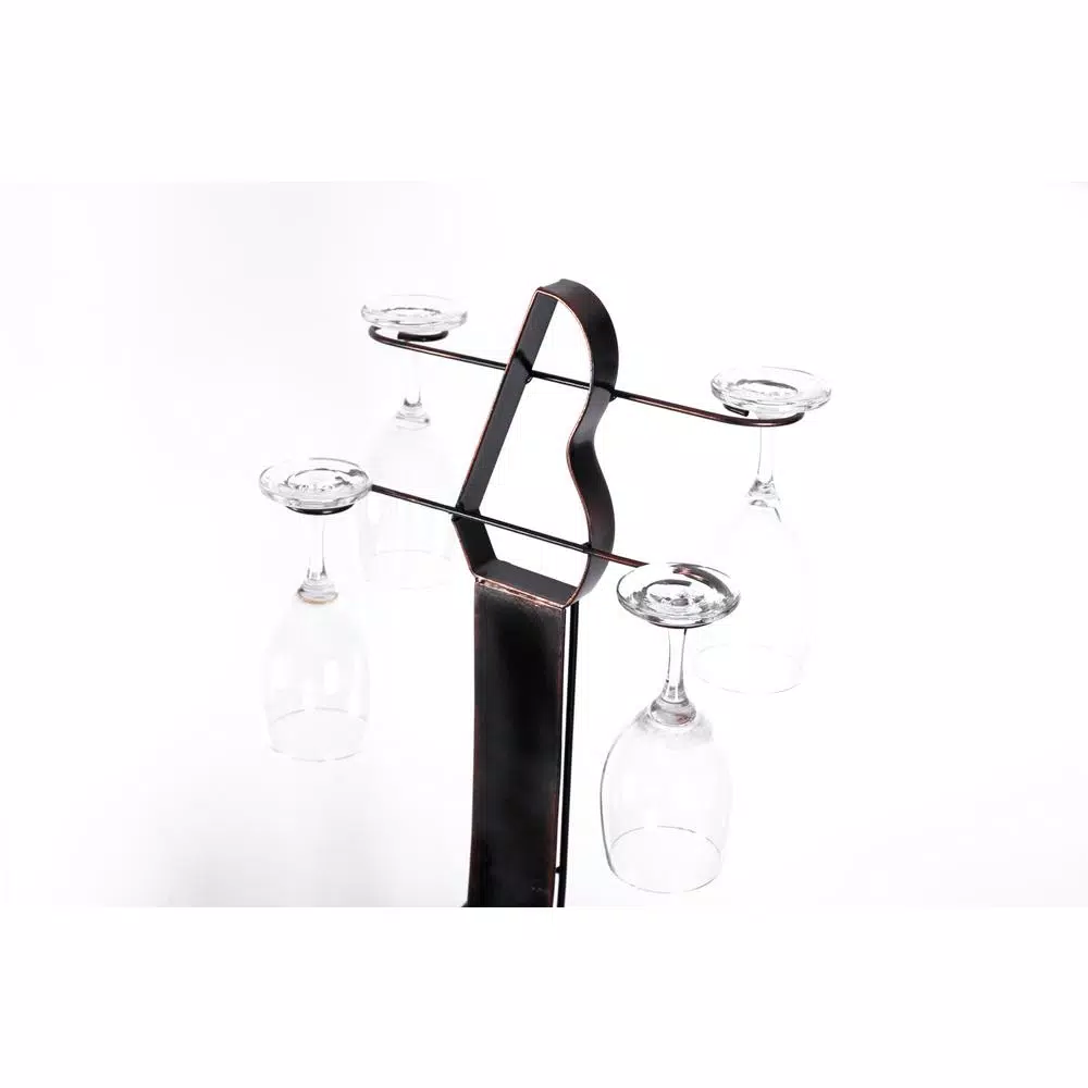 Vintiquewise Vintage Guitar Shaped Wine Holder - 9 Bottle Wood and Metal Freestanding Wine Rack with Glass Storage