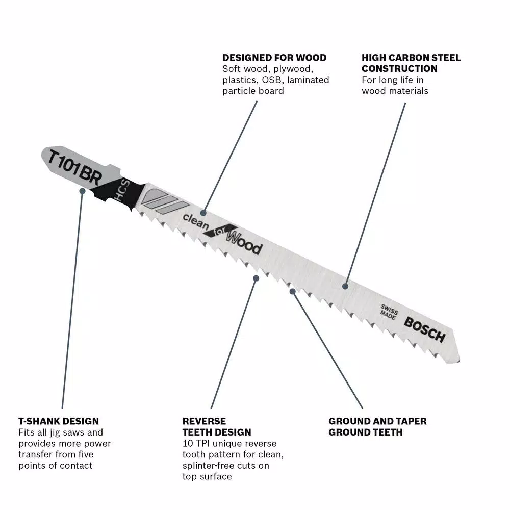 Bosch 10 TPI High Carbon Steel T-Shank Jigsaw Blades for Wood and Plastic, 5-Pack