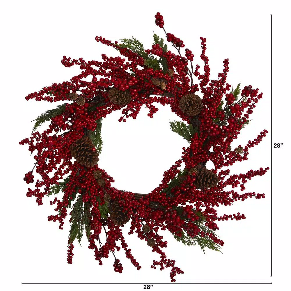 Nearly Natural 28 in. Cypress Artificial Wreath with Red Berries and Pine Cones