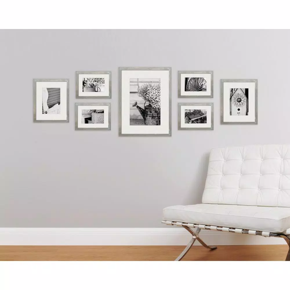 Pinnacle Gallery 7-Piece Graywash Wood Photo Frame Wall Gallery Kit with Art Prints