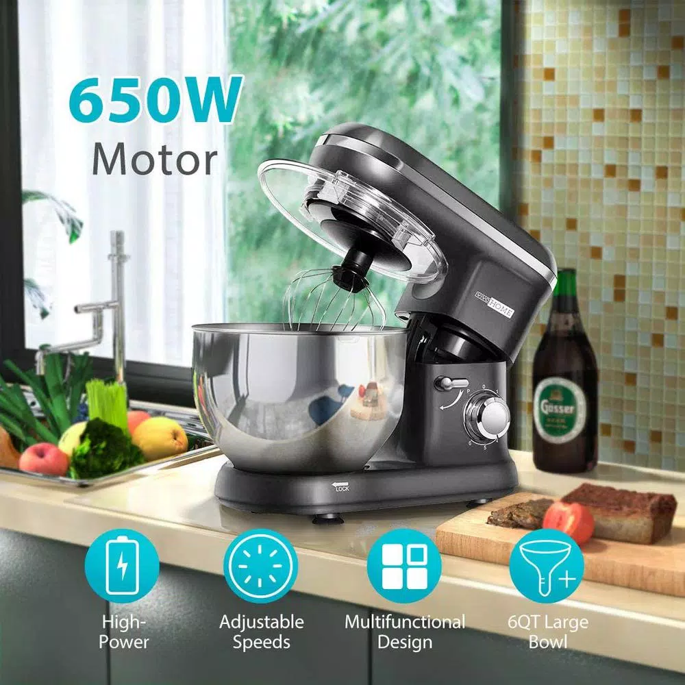 VIVOHOME 650W 6-Qt. Tilt-Head Kitchen Stand Mixer with Stainless Steel Bowl and 6 Speeds, Gray