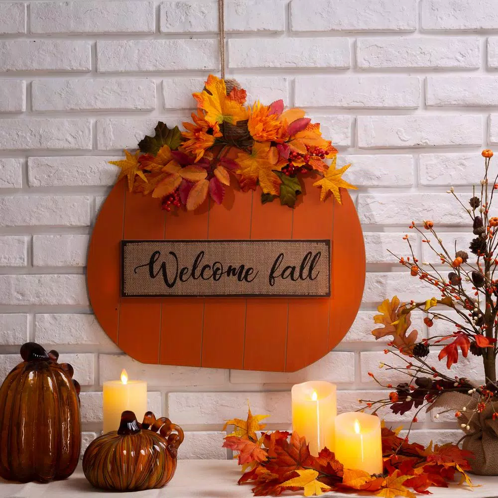 Glitzhome 20.28 in. Wooden Fall Pumpkin Decor with Floral Accents - Standing or Hanging