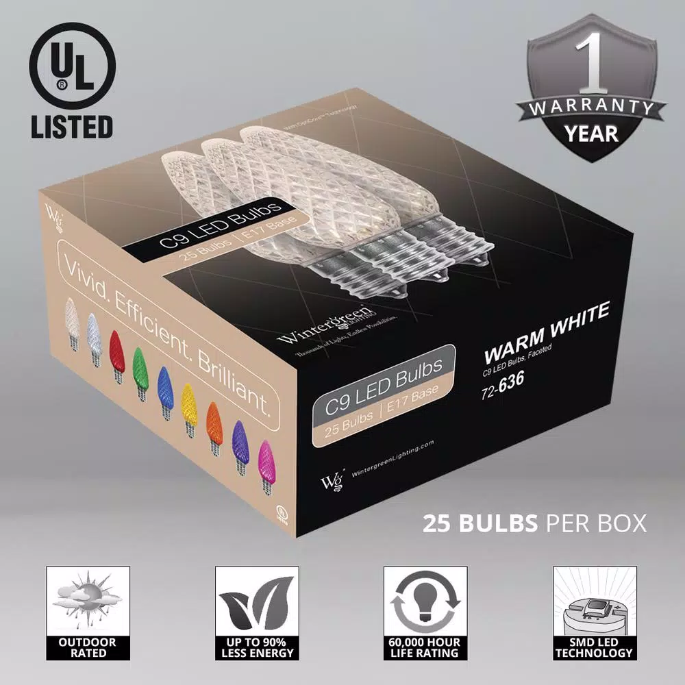 Wintergreen Lighting OptiCore C9 LED Warm White Faceted Christmas Light Replacement Bulbs, E17 Base, 25-Pack