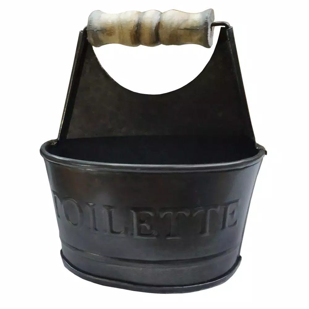 Benzara Dark Gray Iron Toilet Caddy with Wooden Handles and Embossed Tiolette Text