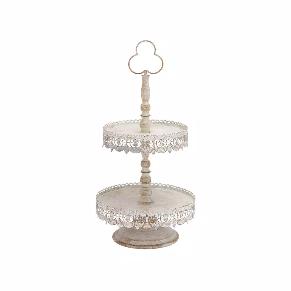 LITTON LANE 24 in. 2-Tiered Round Iron Tray Stand with Floral Bunting Overhang, Whitewashed & Rust Brown
