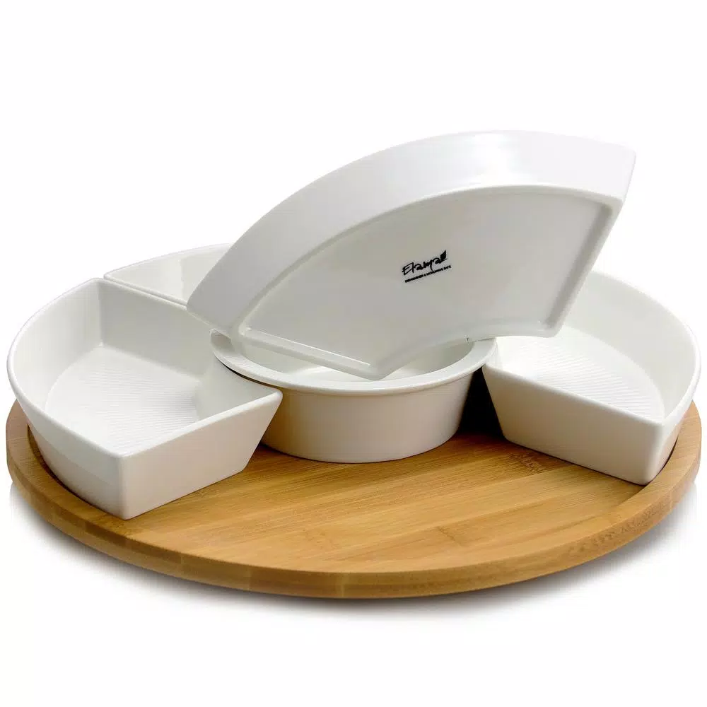 Elama Signature Collection Stoneware Appetizer and Condiment Server Set with Bamboo Lazy Susan Tray