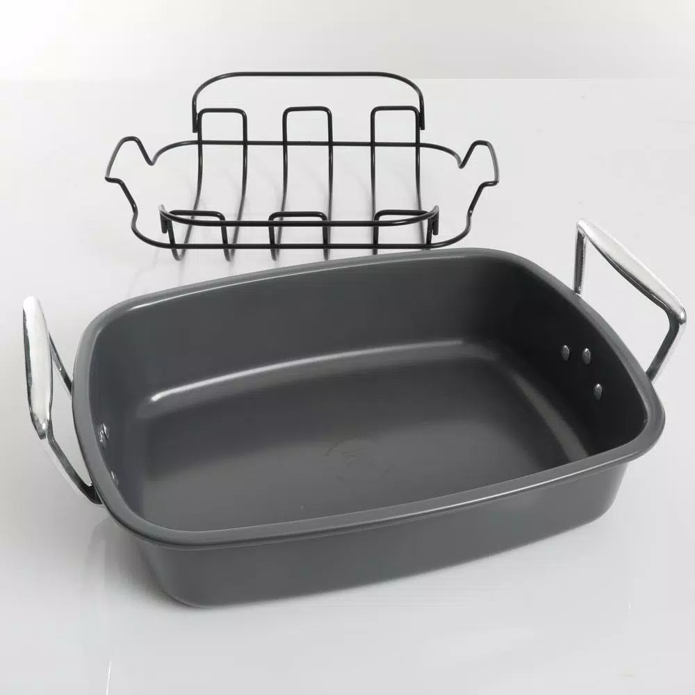 Kenmore Travers 2-Piece Non-Stick Steel Roasting Pan Set with Rack, 16.35 Qt, Gray