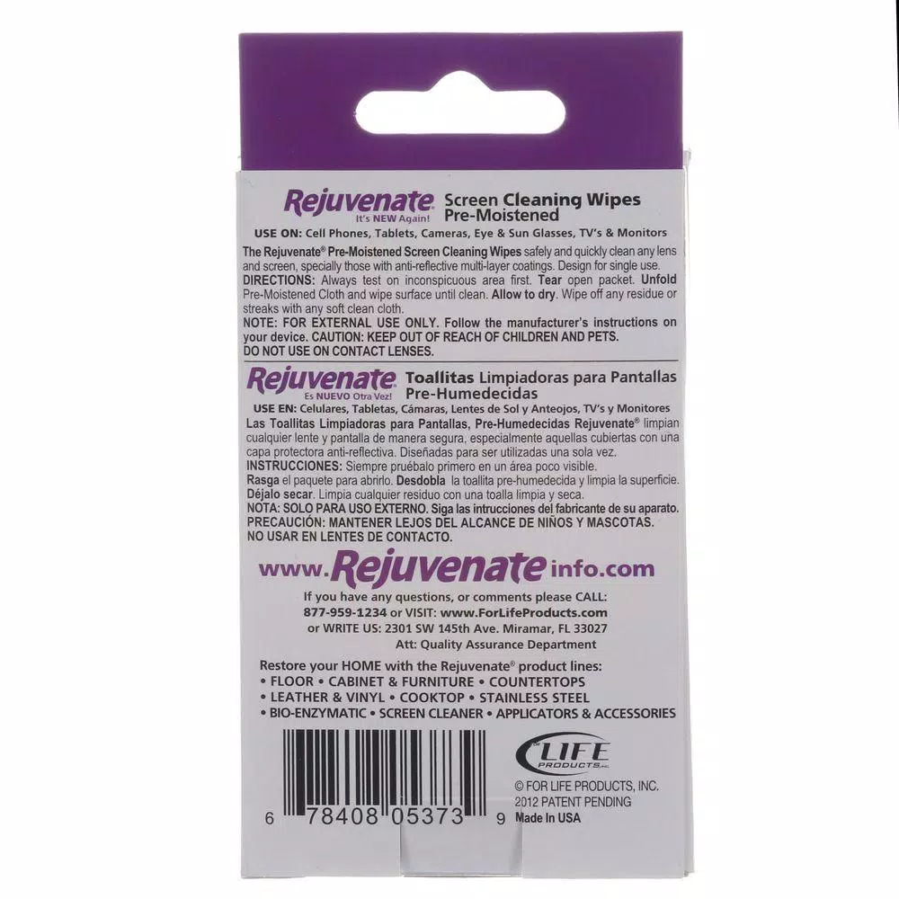 Rejuvenate Pre-Moistened Screen Cleaning Wipes, 12-Count