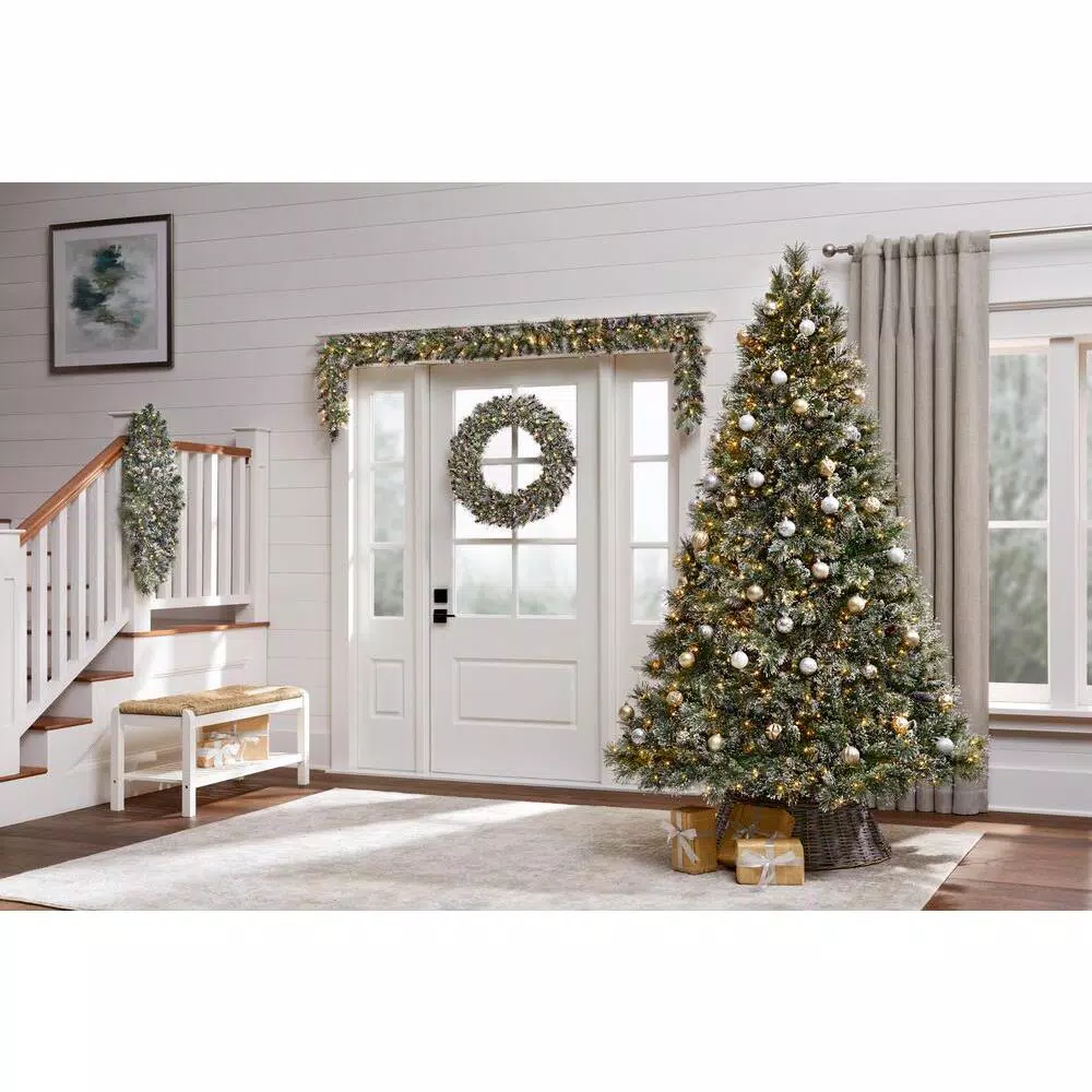 Home Accents Holiday 30in. Sparkling Amelia Pine Pre-lit LED Artificial Christmas Wreath with 50 Warm White Micro-Dot Lights