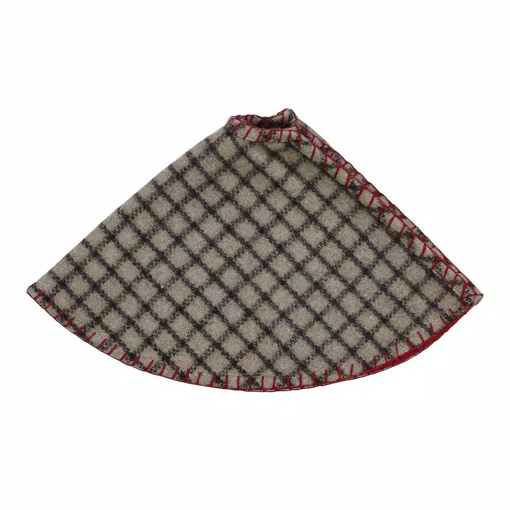 VHC Brands Weston 21 in. Slate Grey Windowpane Plaid Christmas Tree Skirt with Cherry Red Trim