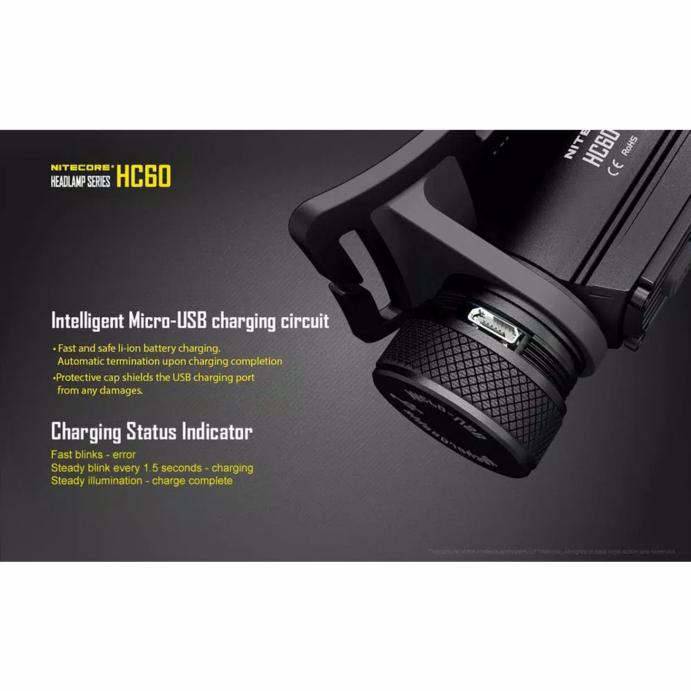 NITECORE HC60 1000 Lumens LED Rechargeable Headlamp with 18650 Battery