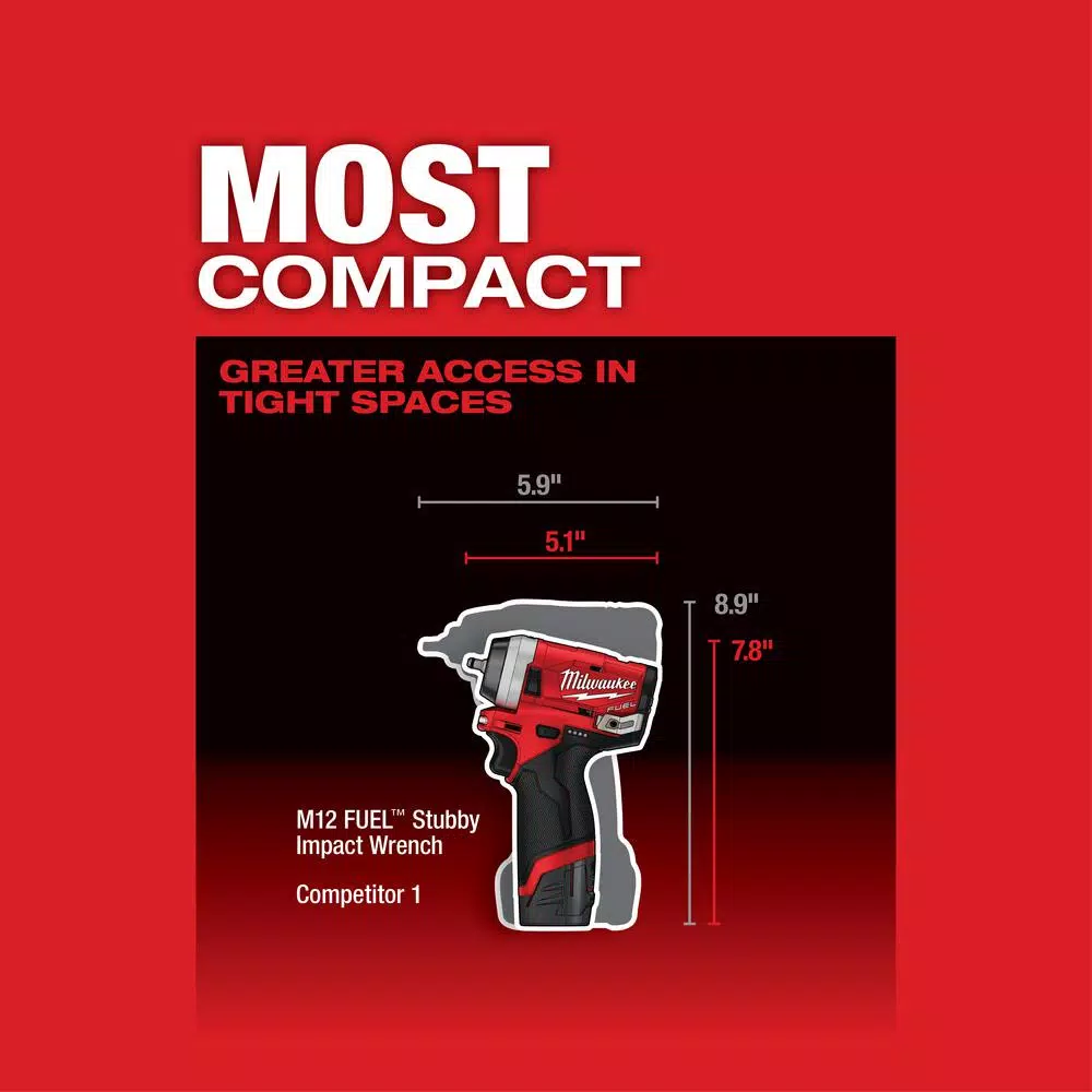 Milwaukee M12 FUEL 1/4 in. Stubby Brushless Cordless Impact Wrench Kit with Two Batteries and Charger