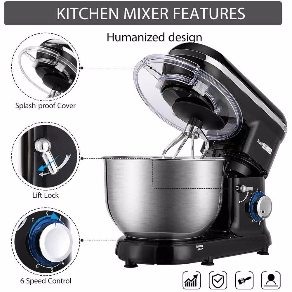 VIVOHOME 650W 6 Qt. Tilt-Head Kitchen Stand Mixer with 6 Speeds and Stainless Steel Bowl, Black