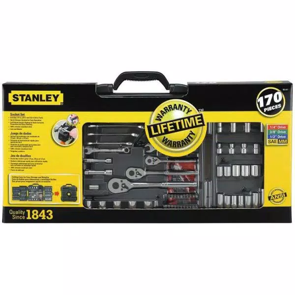 Stanley 170-Piece SAE & Metric Ratchet and Socket Set, 1/2 in Drive, Chrome Vanadium Steel